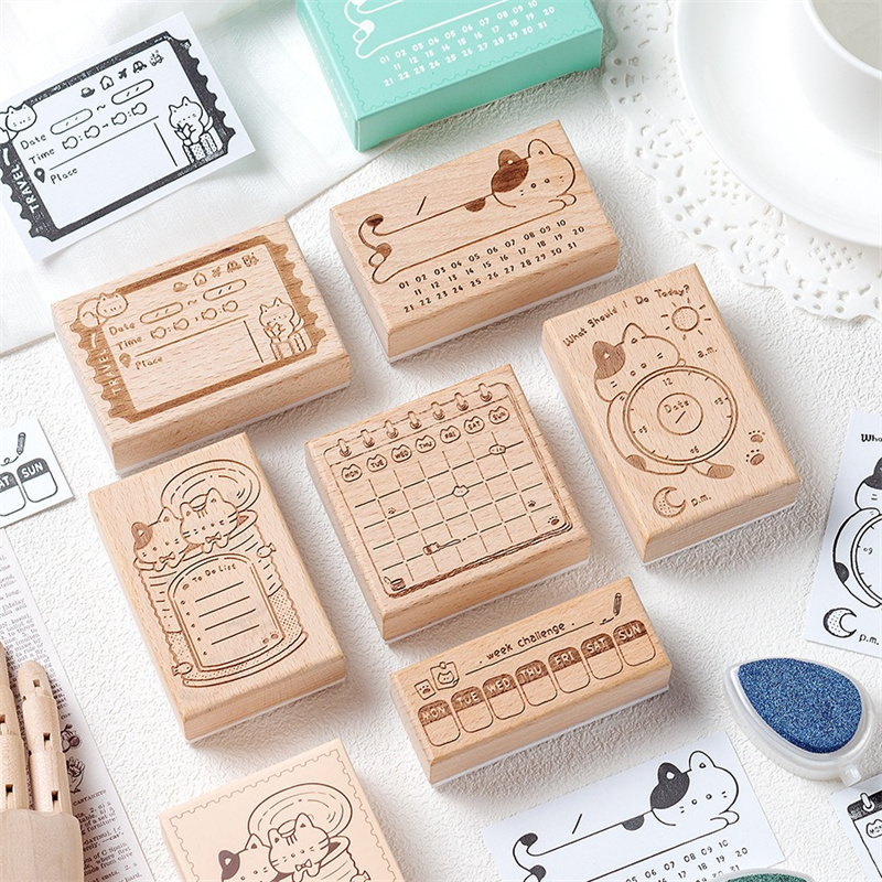 Cute Cat Wooden Rubber Stamp M - Rubber Date Stamp บทวิจารณ์และราคา