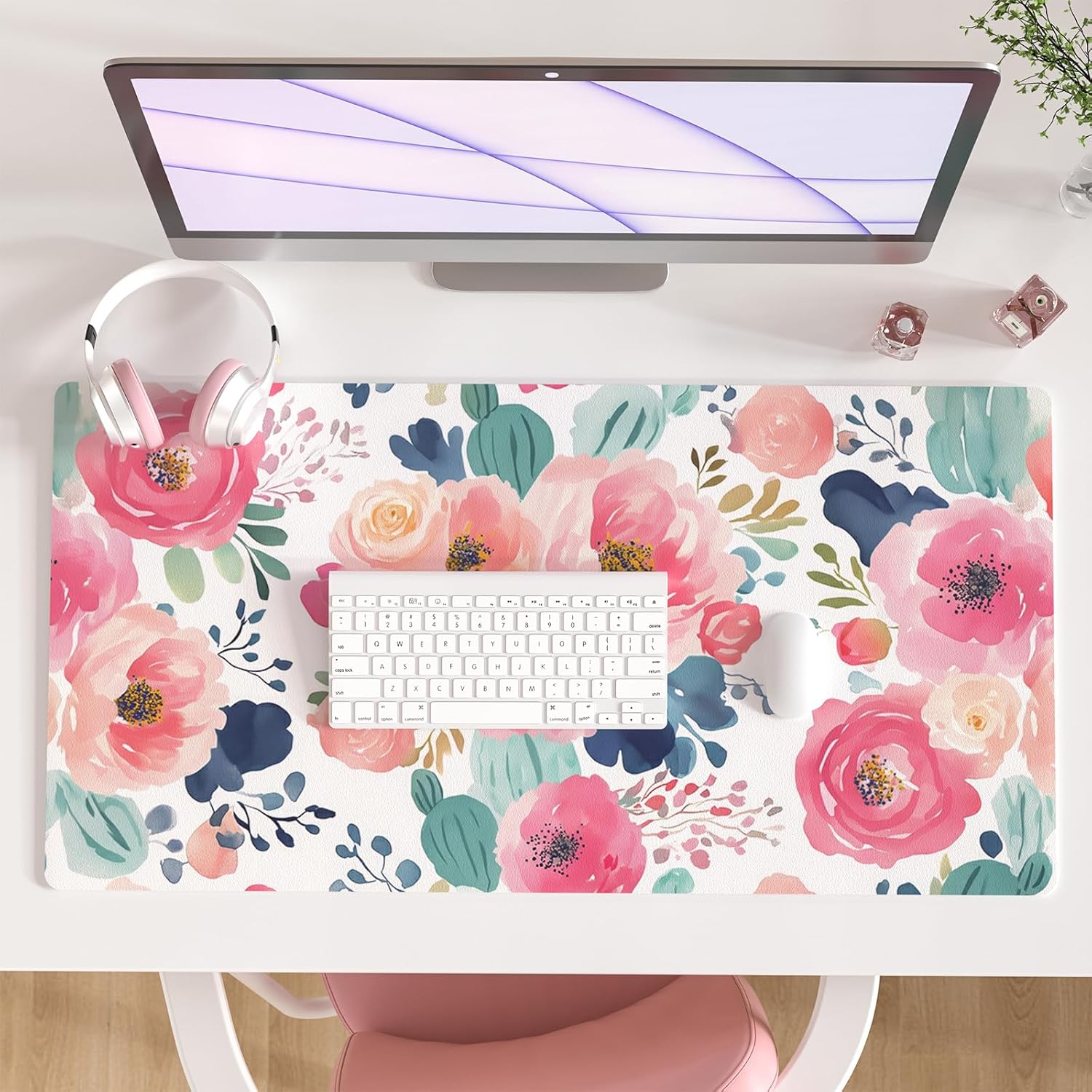 Large Mouse Pad Pink Floral De - Leather Desk Pad บทวิจารณ์และราคา