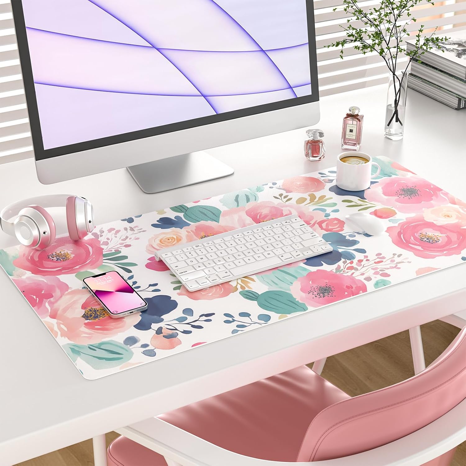 Large Mouse Pad Pink Floral De - Leather Desk Pad บทวิจารณ์และราคา